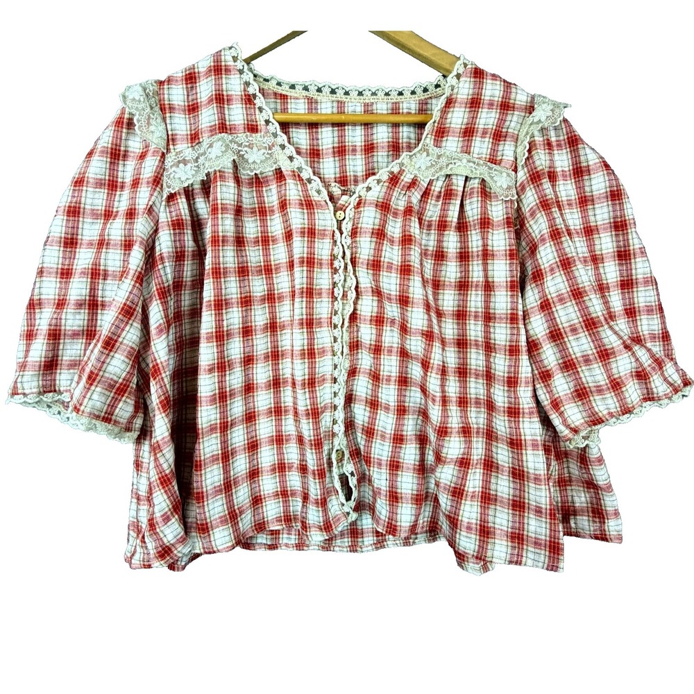 Country Cowgirl Blouse Top Womens 12 Red Plaid Cropped Lacey Summery Picnic Date